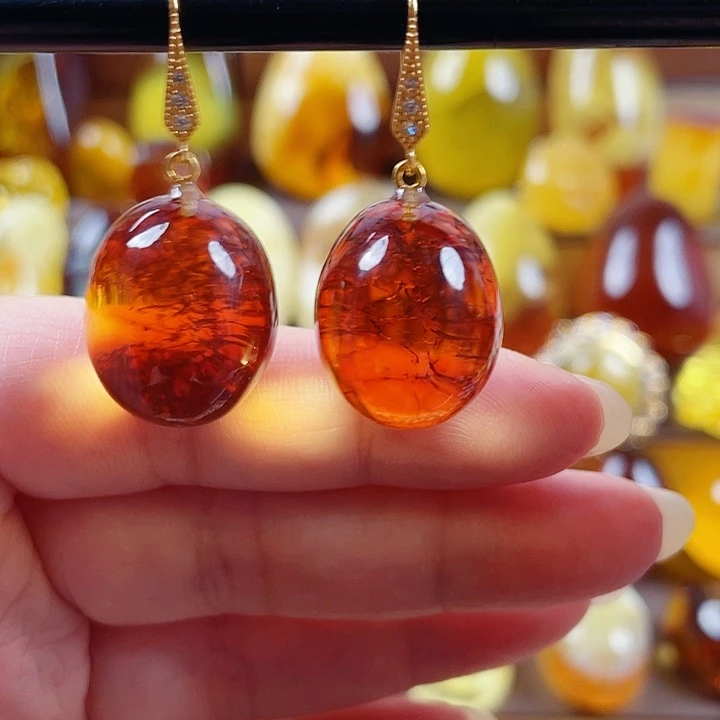 琥珀银S925镶嵌裸石耳环