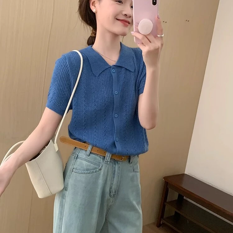 蓝色POLO领针织开衫短袖女2025夏季新款韩版休闲短款显瘦冰丝上衣
