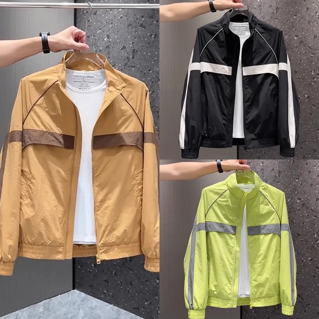 春夏新款时尚拼接撞色立领夹克男士简约百搭潮流帅气休闲上衣外套