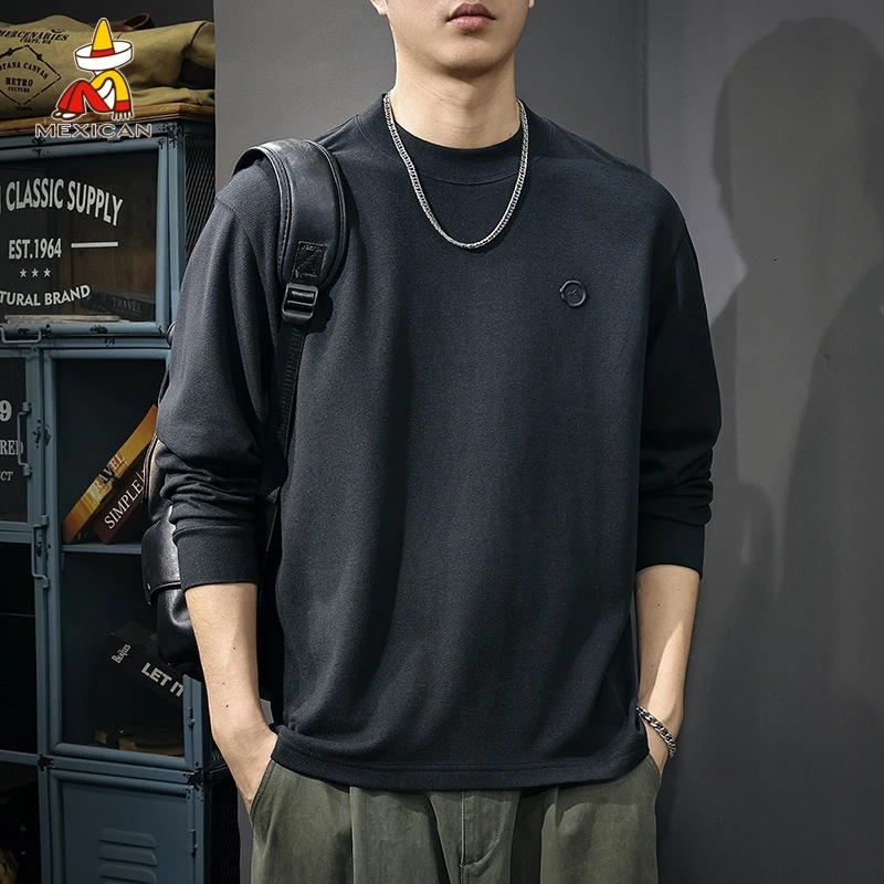 Mexican/稻草人春季高档长袖t恤男士宽松休闲运动简约内搭打底衫