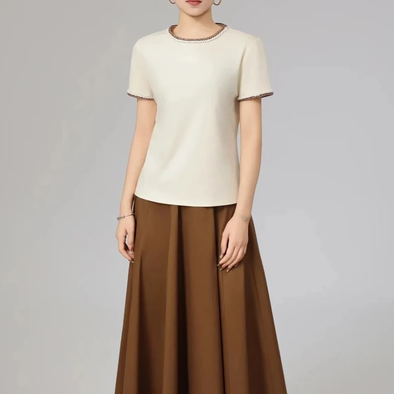 阿玛施AMASS新款女装休闲百搭圆领修身显瘦气质香型短袖T恤530054