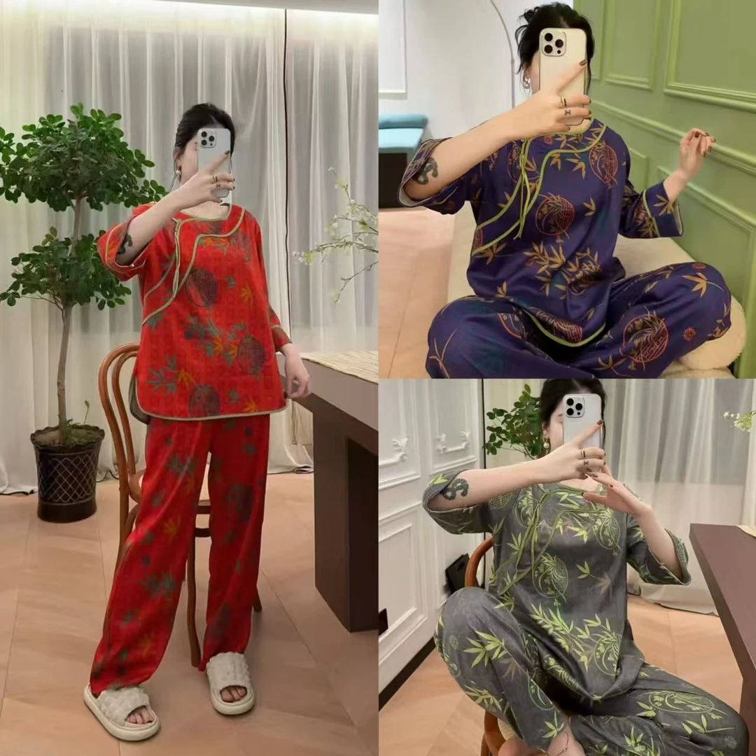 MR家秋冬德绒国风女士圆领珍珠宽松显瘦睡衣套装时尚洋气家居服