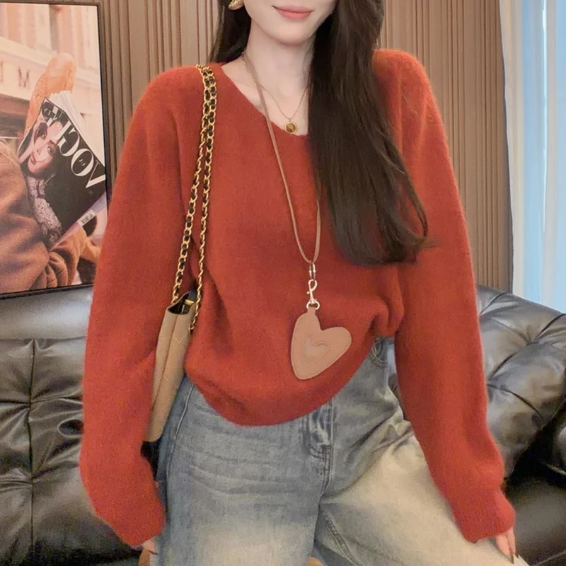 2025新款休闲毛针织衫百搭宽松极简风秋季中长款长袖针织上衣