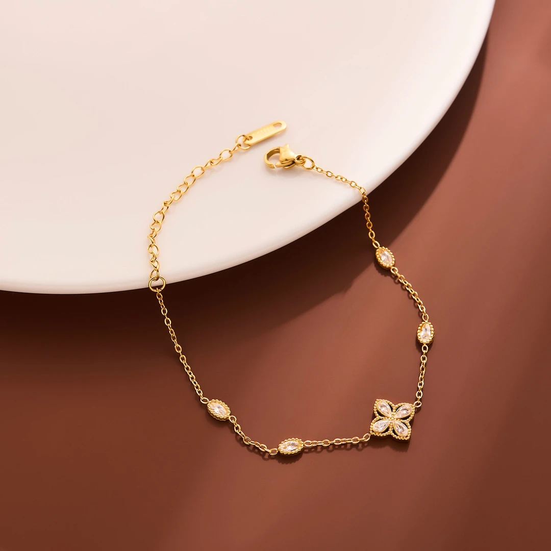 钛钢合成锆石手链 【T605】钛钢四草锆锆精致细手链