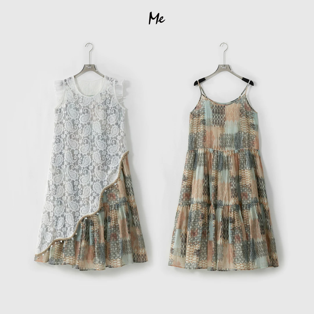 ME【复古花蕾拼接裙】蕾丝拼接显瘦时尚休闲复古印花连衣裙MESS6098