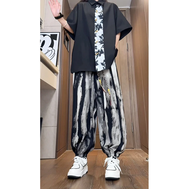 新中式男裤子复古中国风泼墨扎染冰丝灯笼裤男宽松垂感阔腿哈伦裤