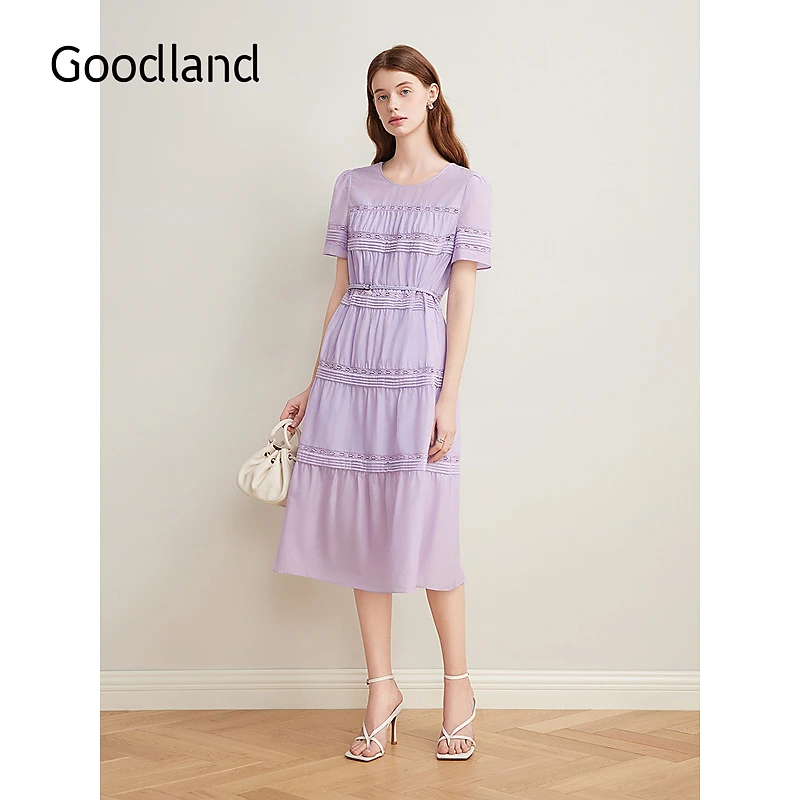 Goodland美地女装2025夏季新款丁香紫法式蚕丝棉混纺镂空连衣裙