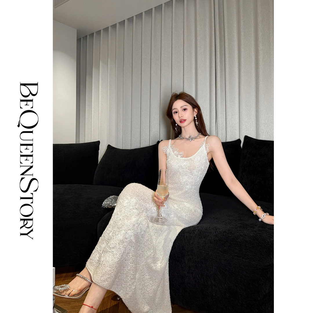 余潇潇【仙仙花落】2025春装新款轻奢重工手绣蕾丝气质收腰吊带长裙