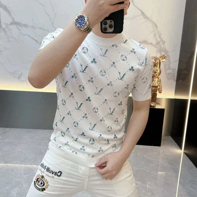 2025夏季新款个性提花修身帅气圆领冰丝短袖T恤男薄款针织衫026