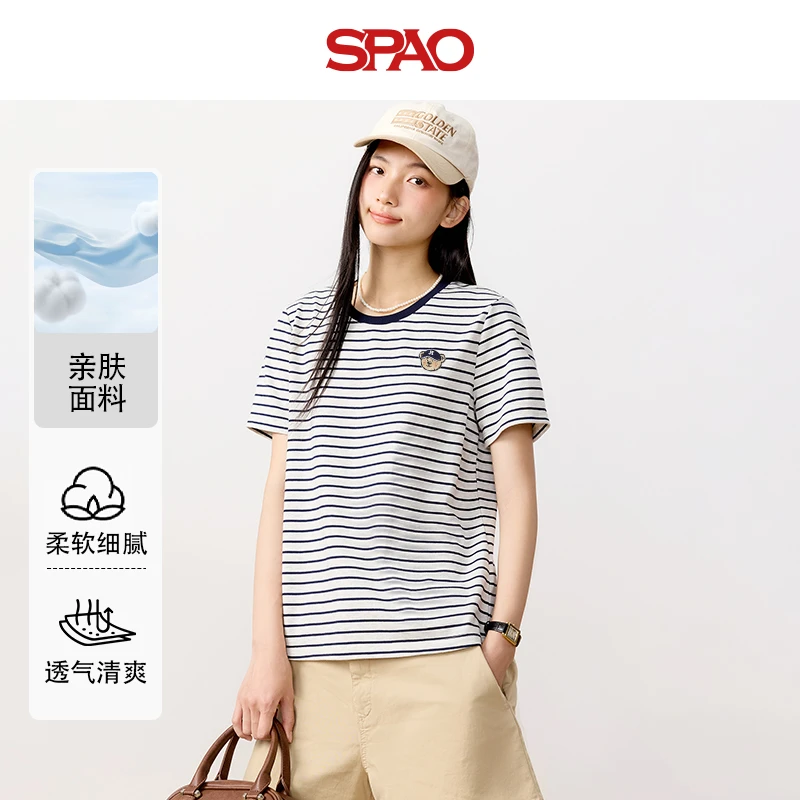 SPAO韩国同款撞色条纹短袖t恤女2025年新款夏季高级感小熊上衣YYC