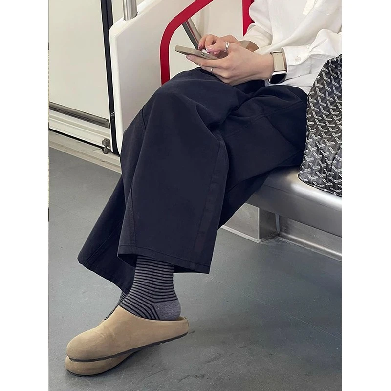 大码300斤复古藏青色阔腿休闲裤女秋季慵懒风宽松直筒九分萝卜裤