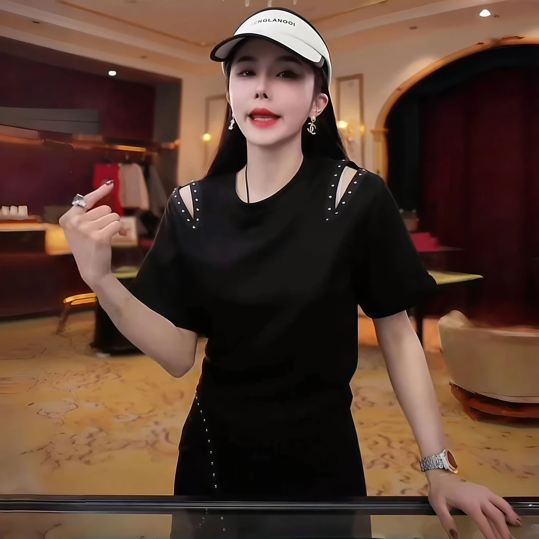 气质钉珠镂空短袖半身裙套装女2025夏季新款露肩高级感显瘦两件套