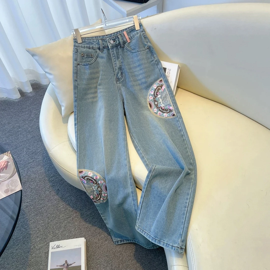 B40国风新中式重工刺绣阔腿牛仔裤女春夏款高腰显瘦垂感直筒长裤