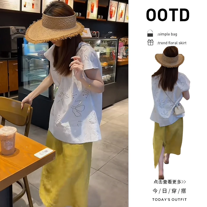 【现货】夏季穿搭一整套装2025新款韩版镂空衬衫高腰半身裙两件套女