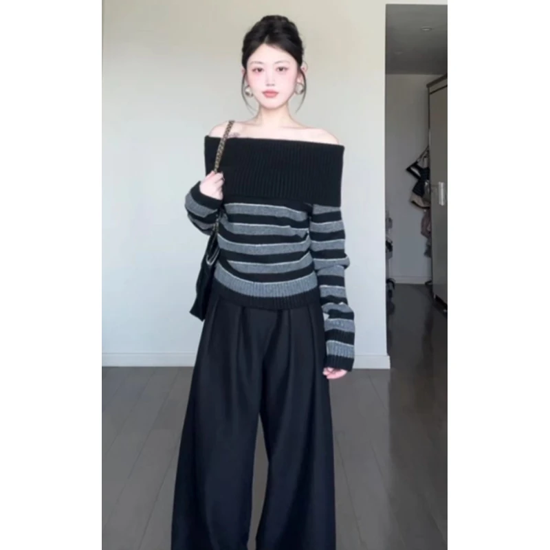 秋冬长袖针织条纹慵懒风撞色一字肩毛针织衫短款设计显瘦宽松上衣