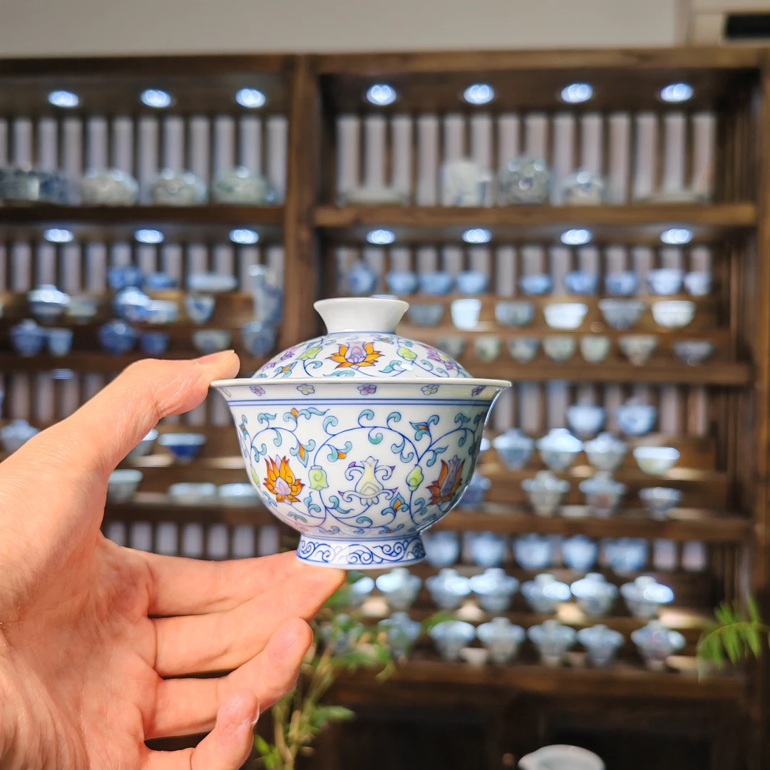 明逸堂白瓷手绘陶瓷｜青花斗彩缠枝莲盖碗茶杯茶盖碗茶具手工