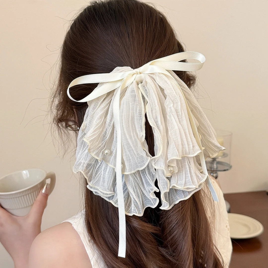 公主韩系波点高级感结飘带马尾夹时尚百搭超仙抓夹后脑勺发夹夹子