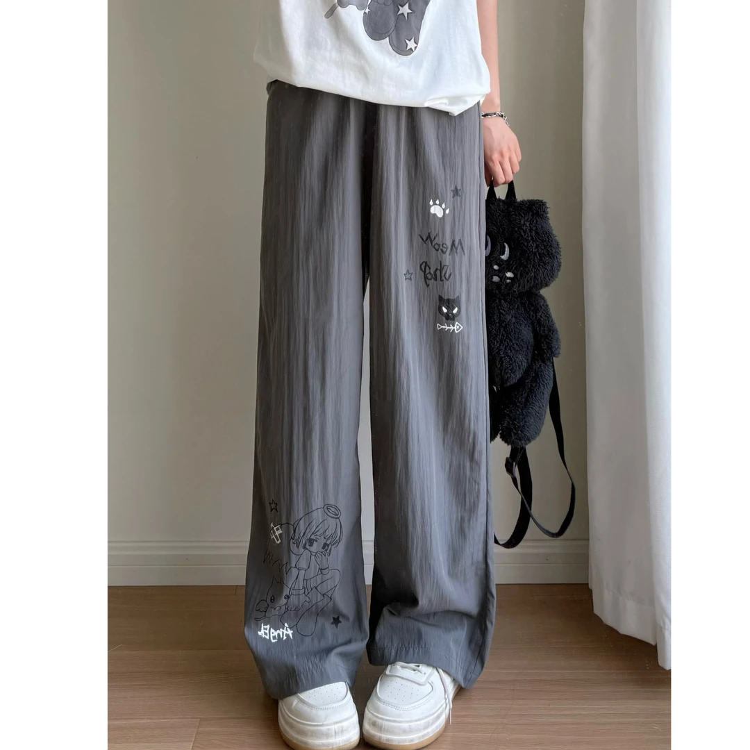 小猫吃不饱原创黑天使印花灰色山本裤防晒慵懒垂感阔腿裤冰丝长裤