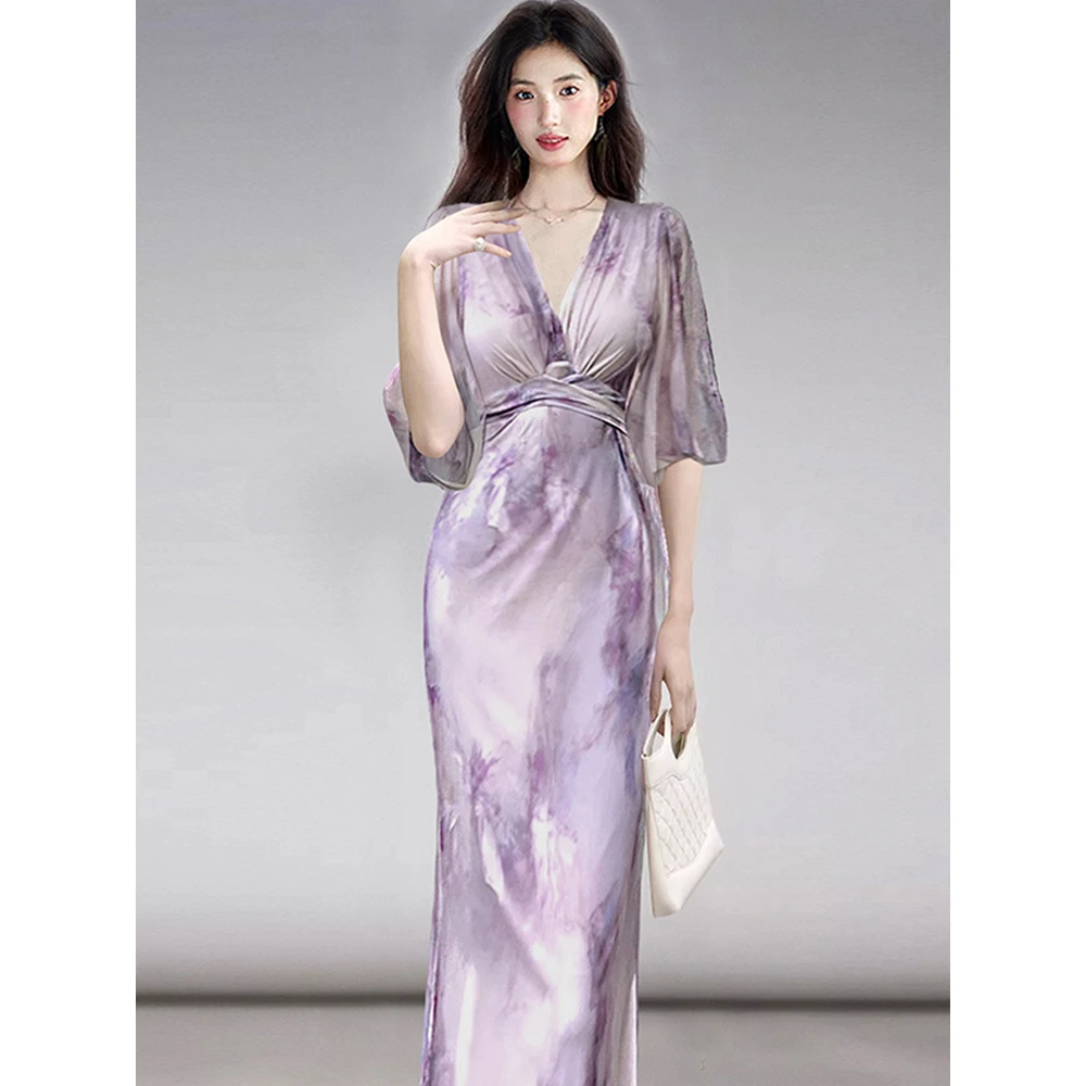 GD现货2025新款法式复古晕染弹力网女人紫色连衣裙