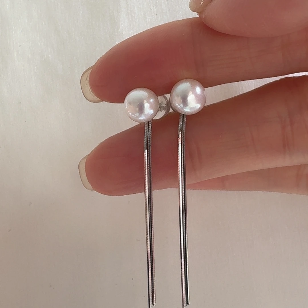 淡水珍珠耳饰银S925镶嵌6-7mm流苏耳环银色