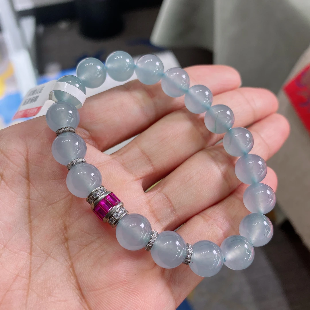 缅甸翡翠A货天空蓝翡翠手链卡10mm