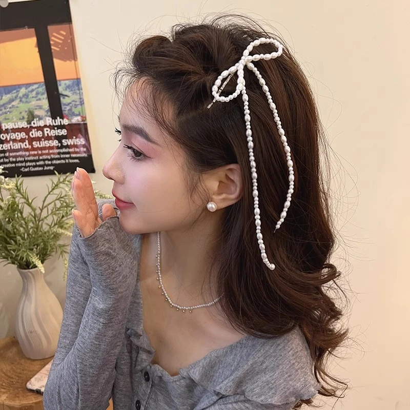 法式复古珍珠蝴蝶结流苏发夹少女边夹小众侧边刘海碎发一字夹发饰