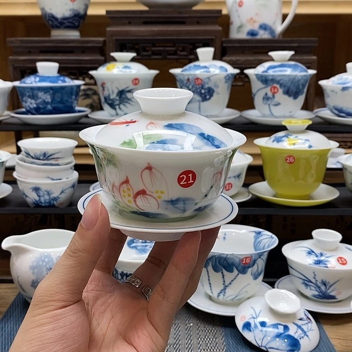 手绘五彩荷花盖碗釉下彩高温瓷微瑕福利款