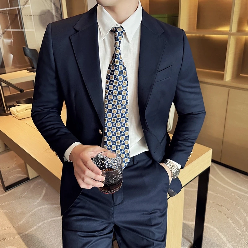 意式布雷泽高定修身休闲西服套装春夏季金扣商务男士西装外套