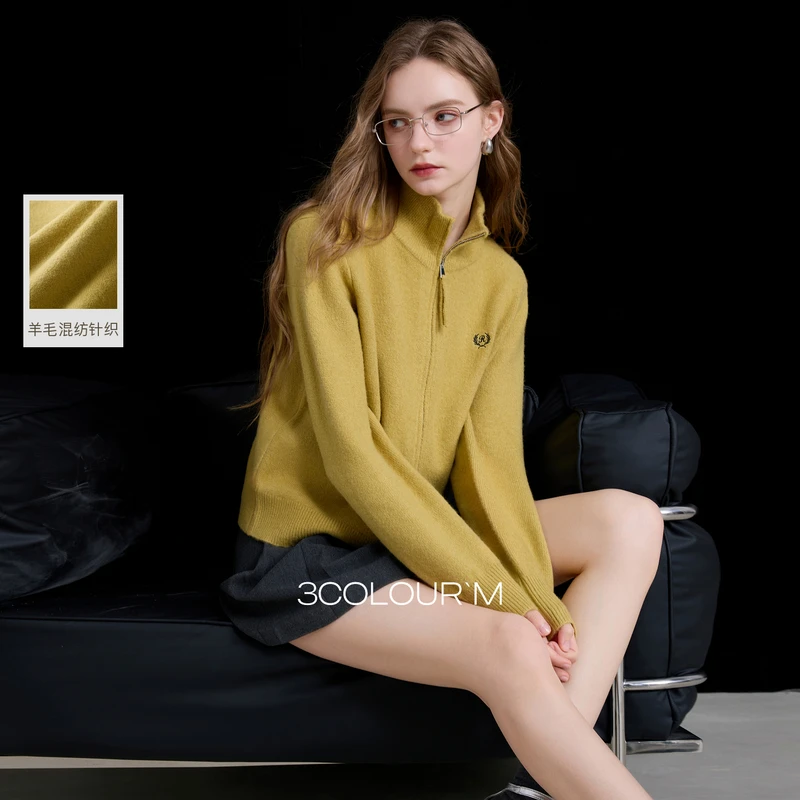 三彩2025冬季新款绣花立领针织衫宽松长袖拉链开衫简约毛衫M