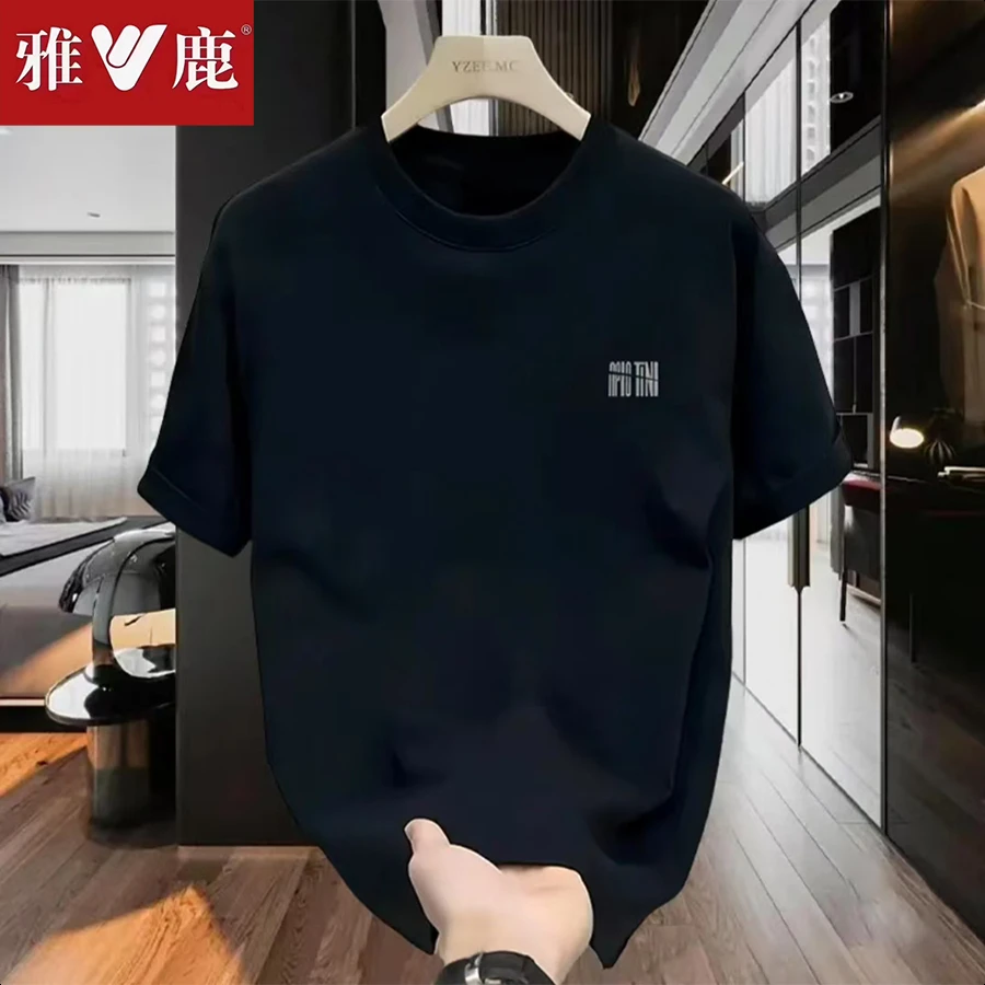 雅鹿纯棉男士短袖T恤夏季薄款时尚男装潮牌印花修身半袖百搭圆领