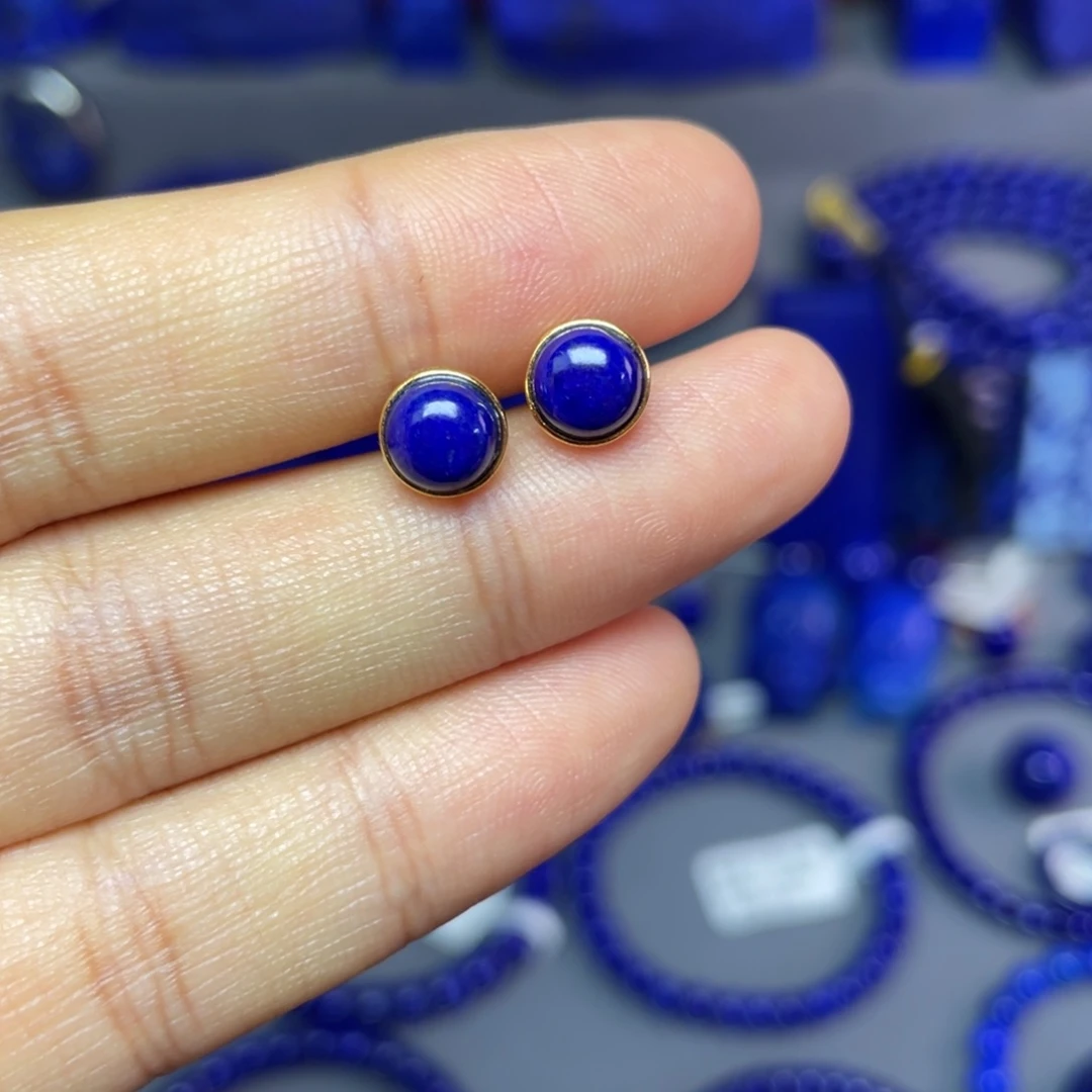 青金石银S925镀金镶嵌7mm耳饰