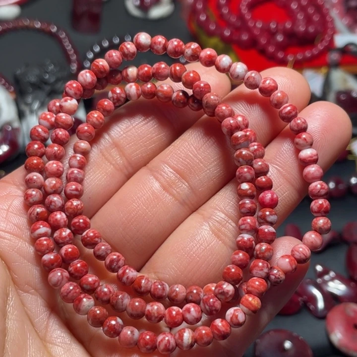 天然辰砂原石小米珠三圈手链4.5mm