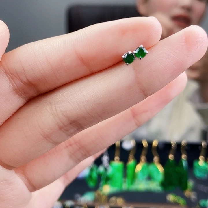 翡翠耳饰银S925镶嵌饰品