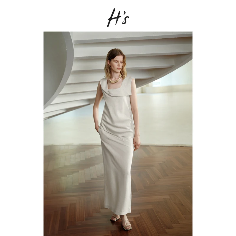【25SS新品】‌HS亚麻半身裙女夏新款高弹腰肌理后开衩直筒腰裙子