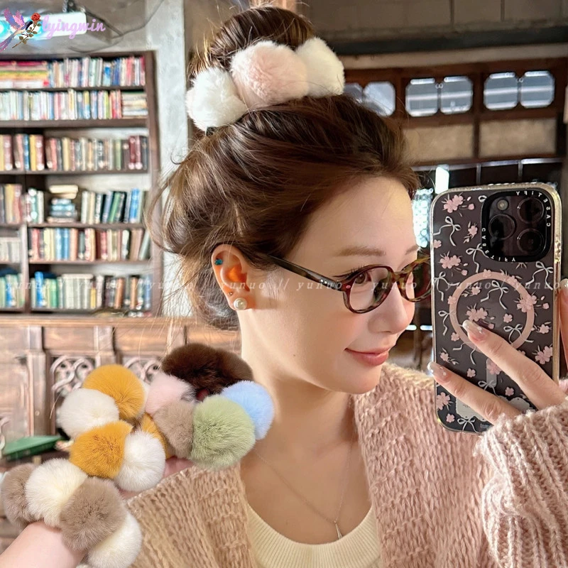 气质可爱甜美彩色毛球秋冬大肠发圈丸子头绳扎头发绳皮筋不伤发饰