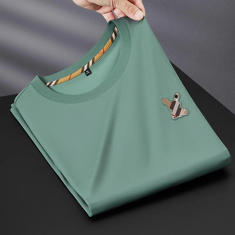 轻奢男士无痕压胶纯色圆领短袖夏季新款潮流休闲时尚百搭透气T恤