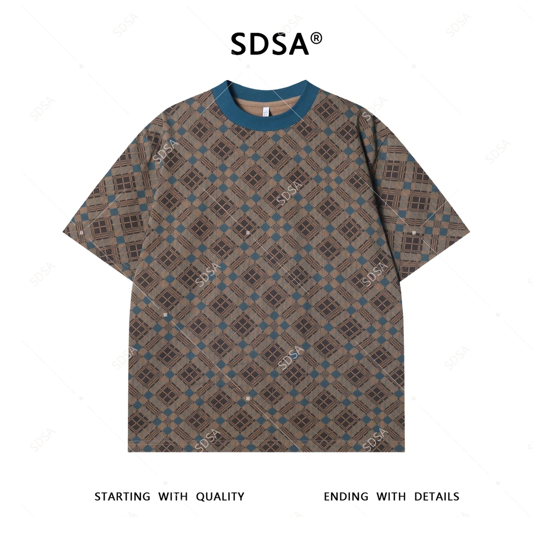 夏季高级感新款男士美式撞色格子立体字母短袖T恤百搭复古上衣