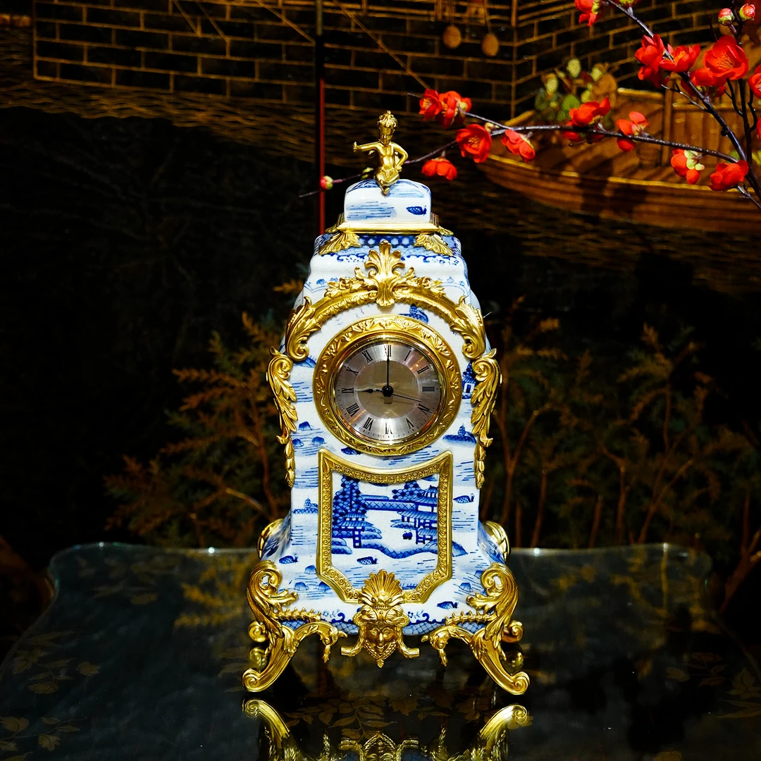 【BENNY本尼家】欧式高档奢华陶瓷配铜装饰座钟时钟青花瓷艺术摆件