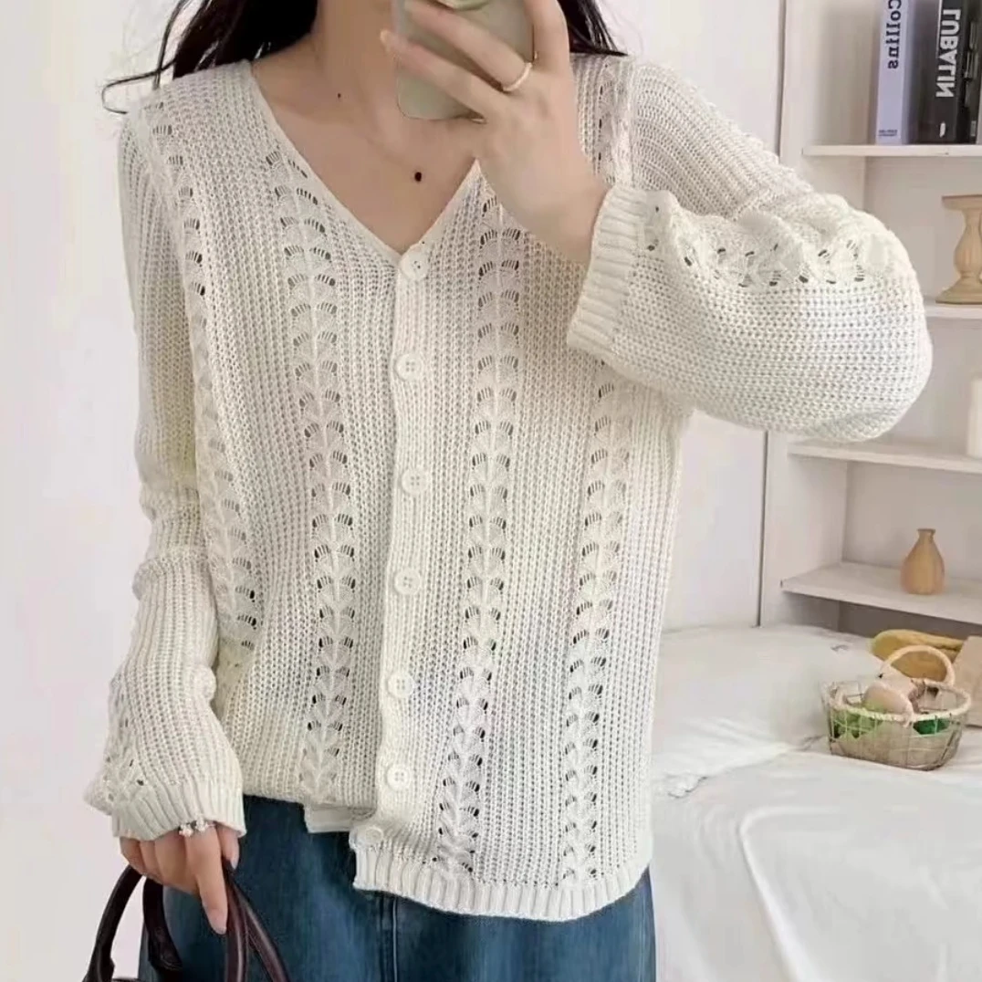 气质毛针织衫开衫纯色时尚镂空针织上衣长袖女镂空打底