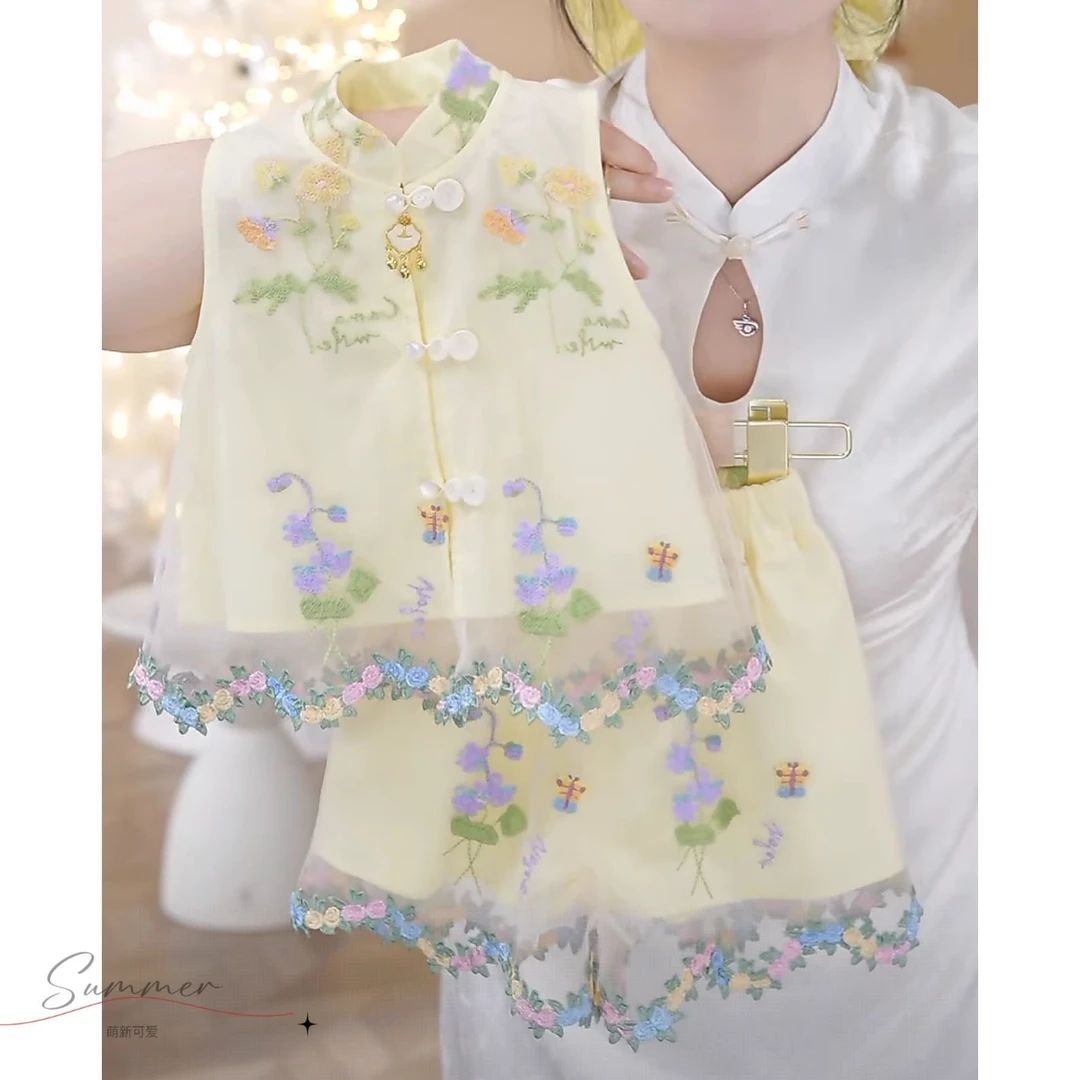女童夏季新中式套装2025新款国风夏装儿童无袖背心短裤绣花两件套