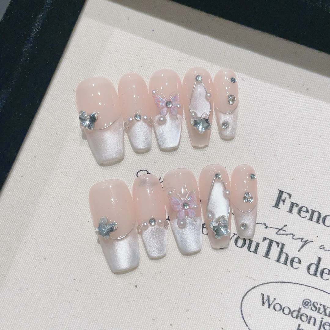 【墨黛记】新款纯手工穿戴甲片高级感法式猫眼蝴蝶爆闪钻轻奢可拆