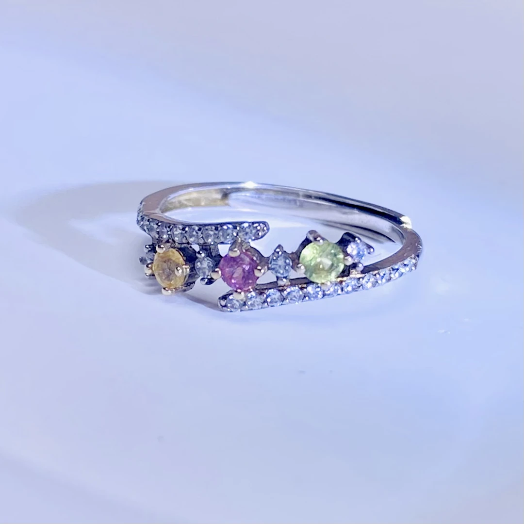 天然碧玺戒指 彩色宝石人间掉落的彩虹S925银镶嵌戒指优雅高贵