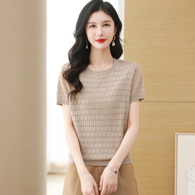 正品哥弟新款女装折扣桑蚕丝短袖t恤女夏季宽松时尚百搭薄款圆领