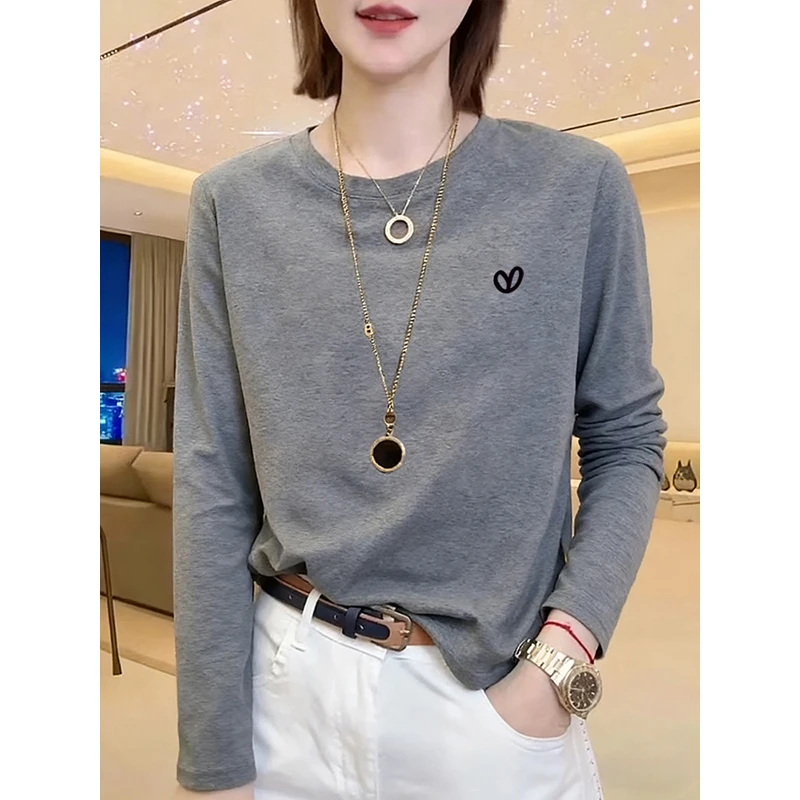 春秋冬季新款纯棉高级灰圆领正肩长袖T恤女内搭打底衫修身上衣潮