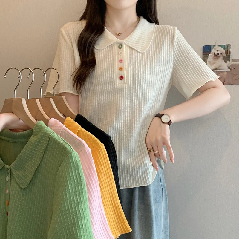 2025夏新胖mm大码女简约减龄彩色纽扣polo领短袖T恤春游出行衣服