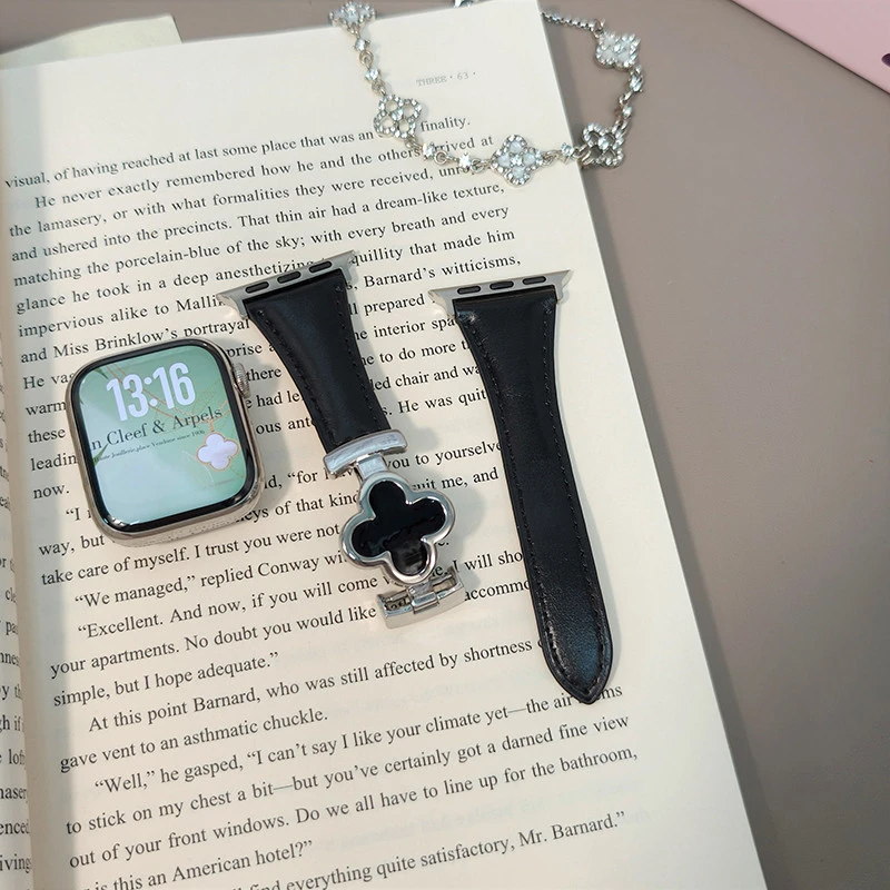 适用于新款S10/789双面小牛真皮四叶草磁吸扣表带苹果华为gt5watc