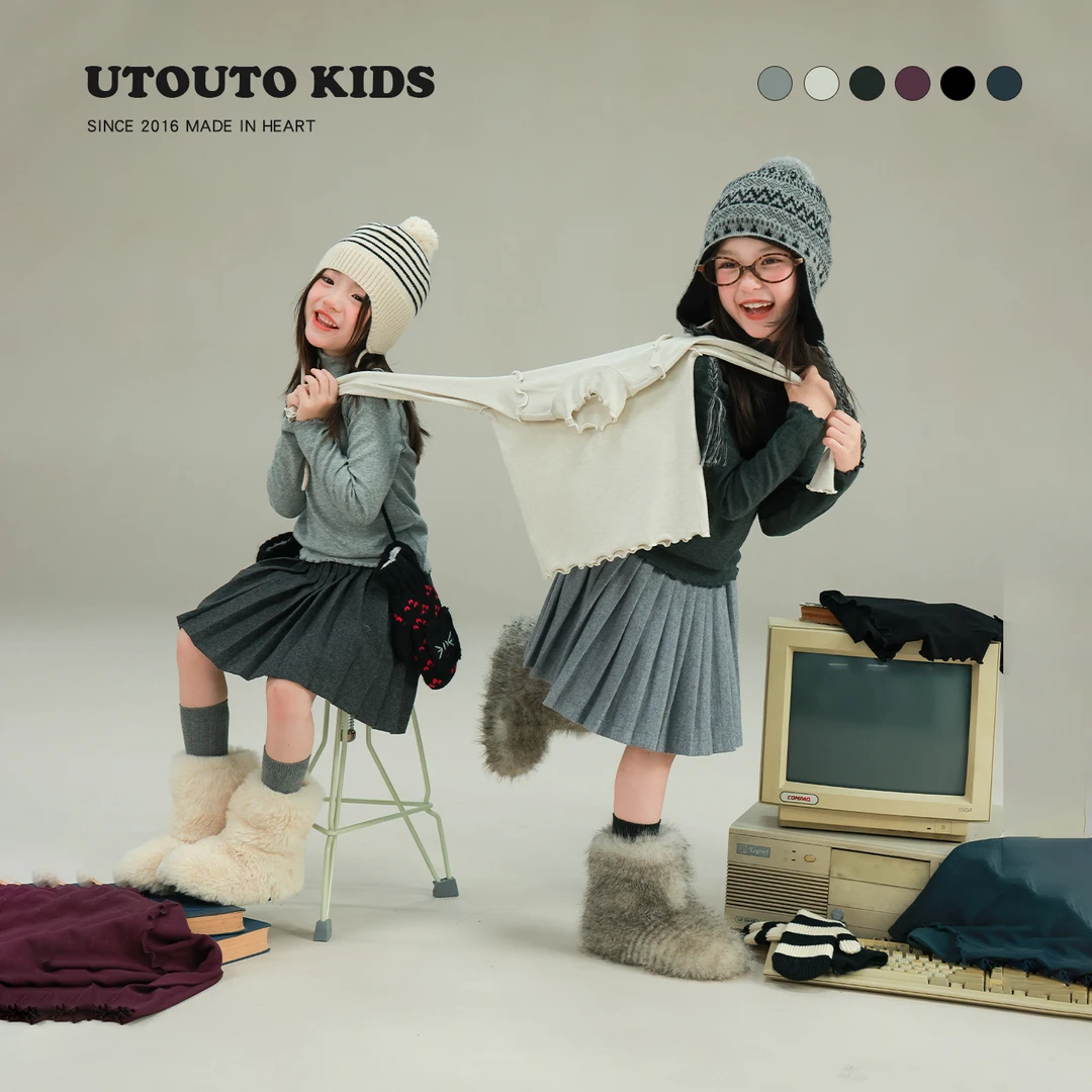 utouto大耳象女童花边打底衫2025冬季新款修身弹力上衣2591086