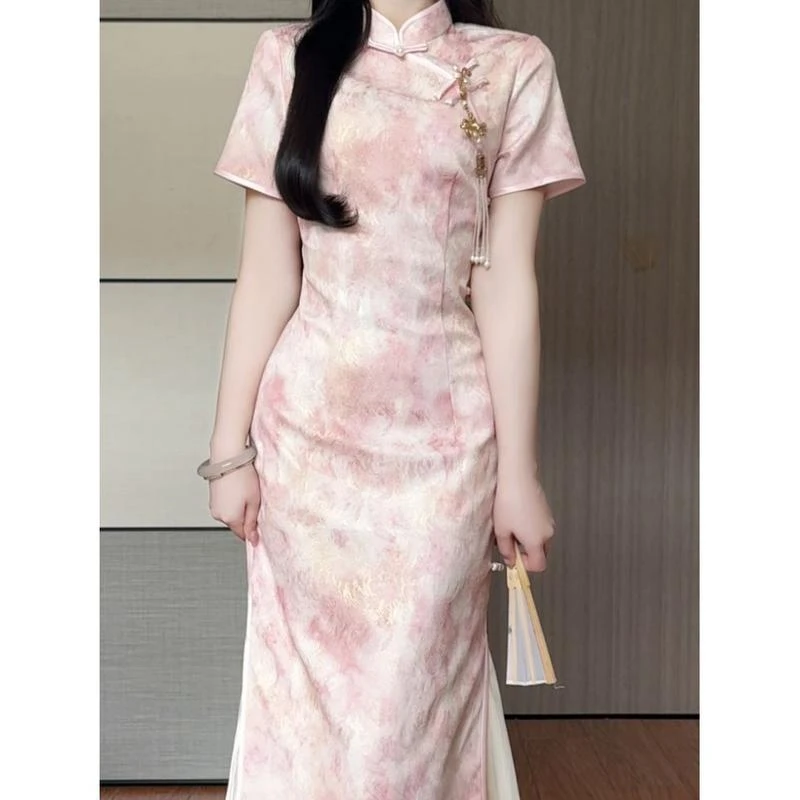 【粉黛】夏季新款粉色改良旗袍日常显瘦银珠国风少女短袖新中式裙子