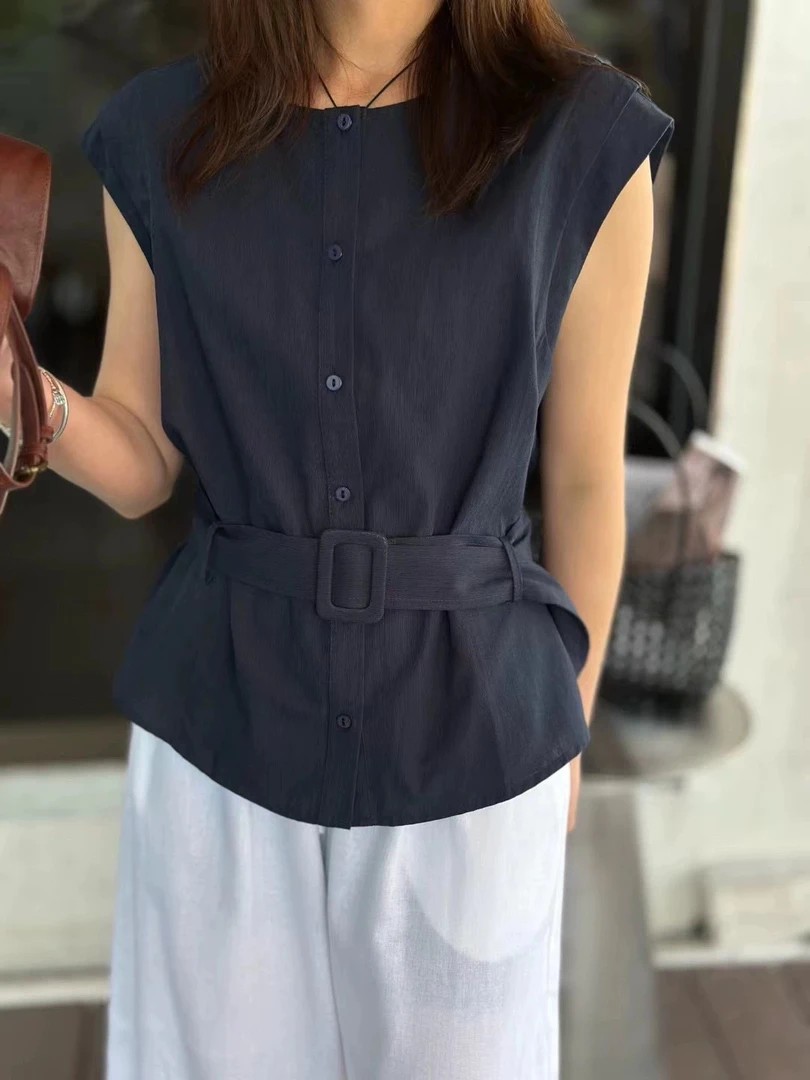 LANSE气质显瘦收腰绑带无袖衬衫夏季新款女性上衣