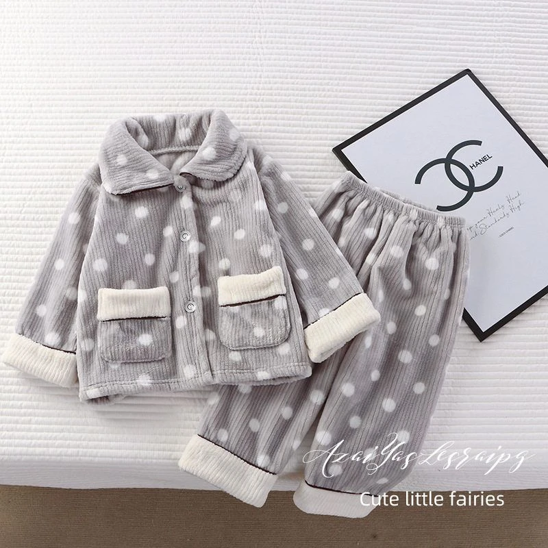 儿童竖条法兰绒睡衣套装保暖套装儿童翻领家居服套装加绒保暖套装